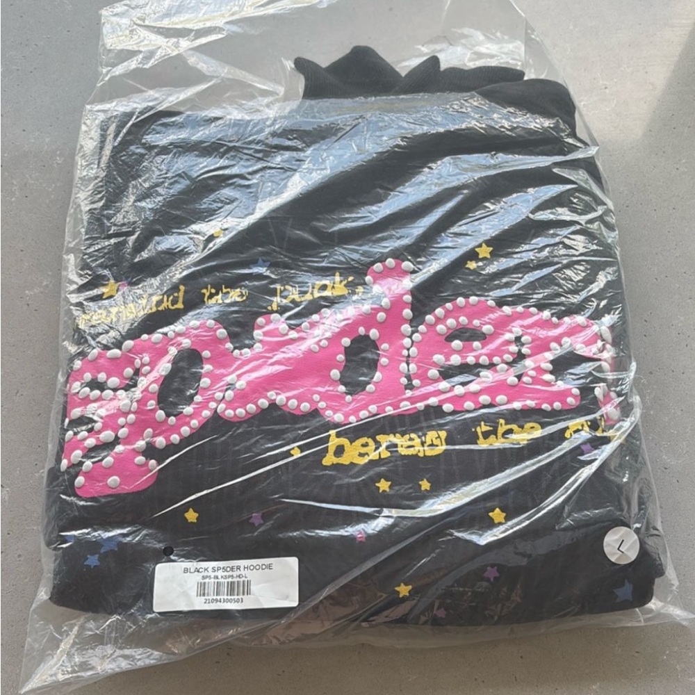 Sp5der Black Hoodie with Pink and Yellow Accents